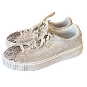 Puma Offwhite Suede and Glitter Toe Sneakers Size 9 EU 40